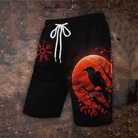 Herren Grafik Gruseliger Mond Krähe Badehosen Badeshorts Boardshorts Mittlere Taille Hawaiianisch Lässig Outdoor Strand Ferien Kordelzug mit Mesh-Futter Elasti