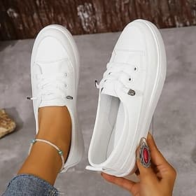 baskets blanches décontractées pour femmes – chaussures basses à lacets en toile pour la marche et le quotidien