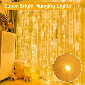 300LED Fairy Curtain Lights 9.8x9.8Ft Warm White USB Plug in 8 Modes String Hanging Lights with Remote for Bedroom Indoor Outdoor Weddings Party Window Wall
