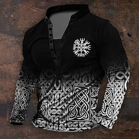Herren Grafik Wikinger Henley Hemd Langarm 3D-Druck Täglich Retro Vintage Lässig Ferien Ausgehen Festival Frühling Herbst Schwarz Blau Braun Grün Henley Henle