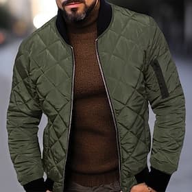 Men's Quilted Jacket Transition Jacket Going out Pocket Spring Fall Plain Streetwear Standing Collar Regular Black Wine Blue Red Army Green Jacket