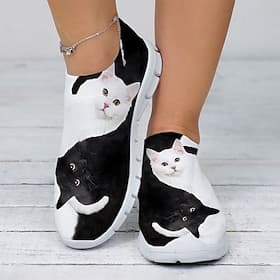 Women's Casual Slip-On Sneakers with Cute Cat Print – Lightweight and Breathable Mesh Shoes for Everyday Wear