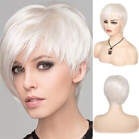 Perruque courte blanche pixie naturelle droite asymétrique perruque Halloween cosplay costume perruque synthétique résistant à la chaleur perruque de cheveux p