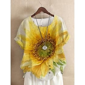 Dames Blouse Linnenachtig Ademend Lichtgewicht Zonnebloem Mode Korte Mouw Ronde Hals Reguliere Tops Vakantie Weekend Knoppen Print Geel Zomer