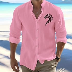 Men's Shirt Beach Shirt Button Up Shirt Viking Outdoor Vacation White Pink Light Grey Long Sleeve Standing Collar Spring Fall Clothing Apparel Print