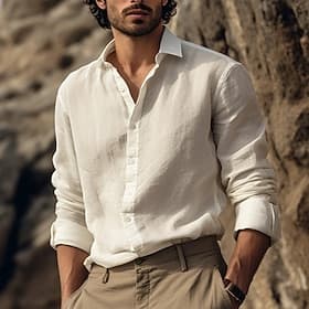 Homme Chemise Chemise Lin Chemisette Chemise d'été Tenues de plage Chemise boutonnée Plein Vacances Curise Beige manche longue Revers Printemps Automne Vêteme