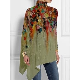 Damen T-Shirt Lange Ärmel Fashion Blumen Druck Asymmetrischer Saum Lange Oberteile Hoher Hals Lässig Urlaub Blau Grün Grau Frühling Herbst Vorsaison