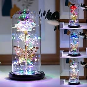 Romantische LED-Rosen-Schmetterlingslampe in Glaskuppel – perfekte Heimdekoration und Geschenk für Hochzeiten, Geburtstage, Valentinstag und Muttertag (Batteri