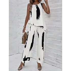 Damen 2-teiliges Fashion Daily Tanktop Hosen Set Weite Hosen Hosenträger Ärmellos Rundhals Grafik Druck Casual Daily Weiß Sommer Regulär Fit