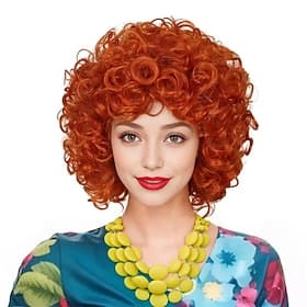 Perruque courte bouclée fluffy orange rouge Mrs Roper pour femmes Costume de Carnaval Perruques d'Halloween