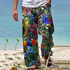 Parrot Tropical Hawaiian Herren Resort 3D-gedruckte Freizeithose, lockere Passform, gerades Bein, elastische Taille, Kordelzug, Polyester, Aloha Hawaiian Somme