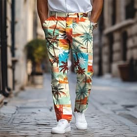 Palmenurlaub Hawaiianische Herren-Resort-Anzughose mit 3D-Druck, flache Vorderseite, gerades Bein, Polyester-Hose mit mittlerer Taille, Outdoor-Urlaub, Urlaub,