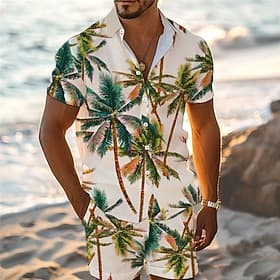 Men's Tropical Palm Tree Tropical Plants 2pcs Shirts Sets Summer Hawaiian Shirt Short Sleeve Short Pants Turndown Vacation Hawaiian Outdoor Vacation Hawaiian P