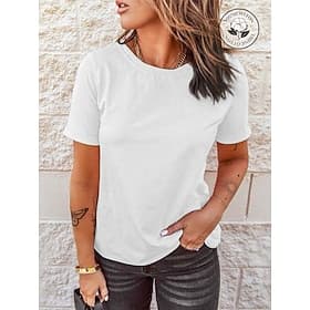 Dames 100% Katoenen T Shirt Effen Kleur Eenvoudig Vintage Basis Klassiek Korte Mouwen Ronde Hals Regular Tops Casual Dagelijks Weekend Zwart Wit Roze Rood Mari