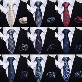 Classic Ties for Men Set Formal Pocket Square Cufflink Check Plaid 1920s Great Gatsby Gentleman Accessories Set