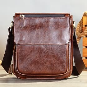 borsa a tracolla da uomo in pelle vintage marrone, borsa messenger multiscomparto con tracolla regolabile per un uso durevole ed elegante