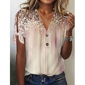 Damen T Shirt Ausschnitt Knöpfe Druck Grafik Basic Kurzarm V Ausschnitt Normale Oberteile Täglich Wochenende Blau Rosa Grün Khaki Grau