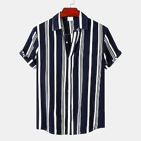 Men's Shirt Summer Shirt Casual Shirt Beach Shirt Button Up Shirt Striped Shirts Navy Blue Short Sleeve Stripes Lapel Streetwear Vacation Clothing Apparel Cott