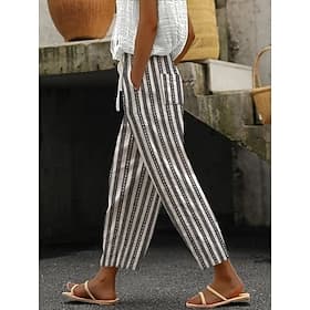 Women's Faux Cotton Linen Summer Pants Pants Trousers Casual Daily Ankle-Length Natural Graphic Striped Drawstring Side Pockets Breathability Comfortable Micro