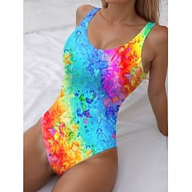 Women's One Piece Swimsuit Slimming Tummy Control Bathing Suits Multicolor Butterfly Print Sleeveless Scoop Neck Stretch Fabric Summer Beachwear Poolside Fashi