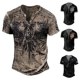 Men's T shirt Tee Henley Shirt Graphic Skull Eagle Henley Black-White Black / Gray Black Blue Brown Street Casual Short Sleeve Button-Down Print Clothing Appar
