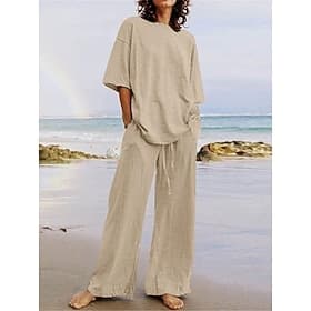 Ensemble pantalon femme 15% lin, basique, couleur unie, poche, taille élastique, t-shirt, manches longues, col rond, bleu, noir, blanc, bleu marine, marron cla