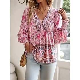 chemisier femme décontracté bohème floral à lacets imprimé manches longues hauts réguliers col en V vacances plage rose bleu marine bleu orange été