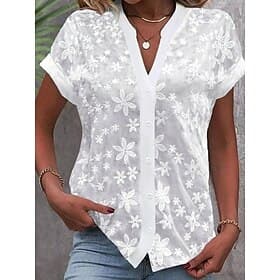 Femmes Chemise Chemise en Dentelle Chemisier Hauts Élégants Dentelle Boutons Uni Basique Moderne Col en V Quotidien Rue Blanche Été