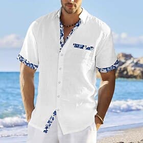 Herren Hemd leinenhemd Sommerhemd Strandbekleidung Knopfhemd Blumen Urlaub Curise Weiß Rosa Marineblau Blau Kurzarm Kargen Sommer Bekleidung