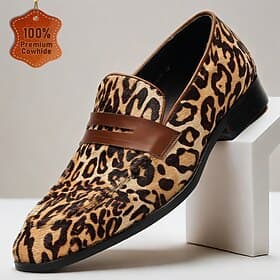 Men's Loafers Slip-Ons Print Shoes Dress Loafers Leather Italian Full-Grain Cowhide Comfortable Slip Resistant Loafer Yellow-Brown