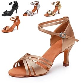 chaussures de danse latine en satin bronze pour femmes – sandales de salon à lanières avec semelle en daim et bride de cheville réglable pour la salsa et la pe