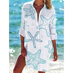 Robe-chemise de plage pour femme, imprimée étoiles de mer, boutonnée, manches longues, style décontracté, avec poche – vacances d'été