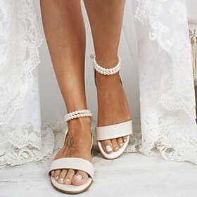 Women's White Flat Sandals – Pearl Ankle Strap with Ribbon Tie, Elegant Bridal Shoes for Weddings and Special Occasions