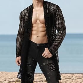 Hombre Camisa Camisa de verano Camisa de malla Camisa transparente Blusa transparente Negro Manga Larga Plano Cuello Hawaiano Festivos Malla Ropa Moda Casual C