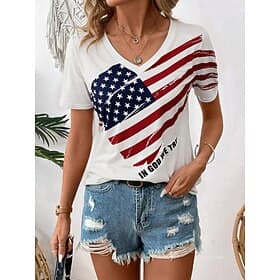 Independence Day Patriotic Women's T Shirt Casual Flag Red White And Blue Short Sleeve Regular Tops V Neck Daily White Summer