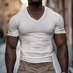 Herren T Shirt Muskelshirt Geripptes Strick-T-Shirt T-Shirt Kurze Ärmel V Ausschnitt Sommer Einfach Grubenstreifen Mode Designer Basic Knöpfe Urlaub Straße Aus