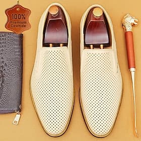 Men's Beige Perforated Leather Loafers, Premium Cowhide Slip-On Dress Shoes - Breathable and Stylish Footwear for Formal and Casual Occasions