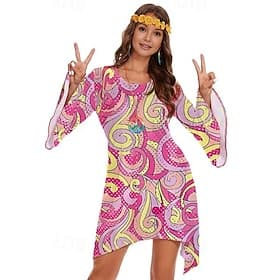 Retro Vintage 1970s 70s Fancy Dress Women Bell Sleeve Hippie Disco Graphic Round Neck Fancy Dress Women's Halloween Carnival Masquerade Party Daily Wear Pride
