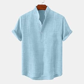 Herre Skjorte linskjorte Guayabera skjorte Sommerskjorte Strand Klær Helfarge Avslappet Daglig Hvit Kongeblå Grønn Kakifarget Kortermet Båndkrage Sommer Vår Kl