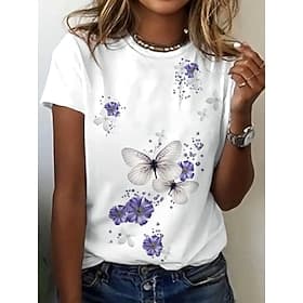 Women's T Shirt Print Floral Butterfly Stylish Casual Short Sleeve Crew Neck Regular Tops Daily White Summer