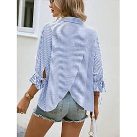 Femmes Chemise Asymétrique Rayé Élégant Moderne Manche 3/4 Manche Volants Col de chemise Travail Bleu Vert Été Printemps Automne