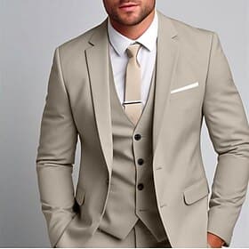 Men's Tuxedos Suits Party Wedding Light Khaki Spring, Fall, Winter, Summer Suit Notch Notch Lapel Daily Business Solid Colored Plus Size 3 Piece Single Breaste