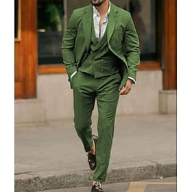 De los hombres Smoking Trajes de Lino boda en la playa Verde Primavera verano Traje Muesca Moda Casual Color sólido A Medida Juego de 3 piezas Recto 2 botones