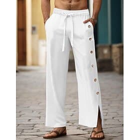 40% Linen Men's Linen Pants Trousers Summer Pants Drawstring Elastic Waist Side Button Plain Comfortable Breathable Vacation Office / Career Daily Classic Casu