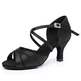 Women's Black Satin Cross-Strap Ballroom Dance Shoes with Rhinestone Buckle, Comfortable Heels for Latin and Salsa Dancing