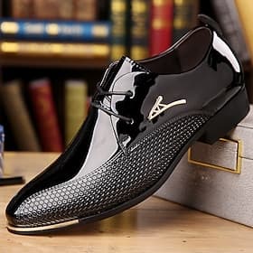 Men's Patent Leather Oxford Shoes - Sleek Lace-Up Formal Dress Shoes with Textured Design for Business and Special Occasions
