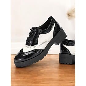 Women's Black and White Brogue Oxford Shoes – Patent Faux Leather Lace-Up, Chunky Sole, Vintage Style for Formal and Casual Wear