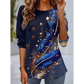 Maglietta da donna a maniche lunghe con scollo a crew tunica casual stampa tops regolari quotidiani blu viola verde primavera autunno