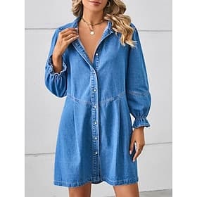 Per donna Abiti di jeans Mini abito Pulsante Informale Colletto Manica lunga Nero Blu marino Azzurro Colore