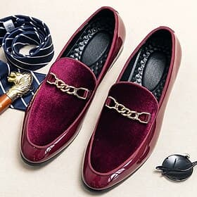 Men's Burgundy Velvet Loafers with Gold Chain Detail – Elegant Slip-On Dress Shoes for Formal Events and Parties